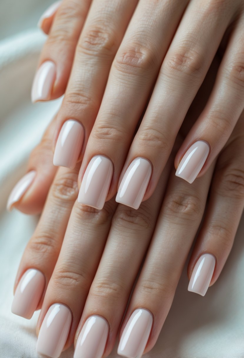 Close-up of hands showing 17 neatly manicured square-shaped nails.