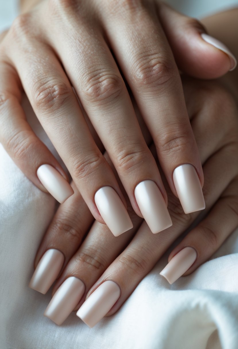 Close-up of two hands with 17 square-shaped matte nails, gently posed against a plain background.