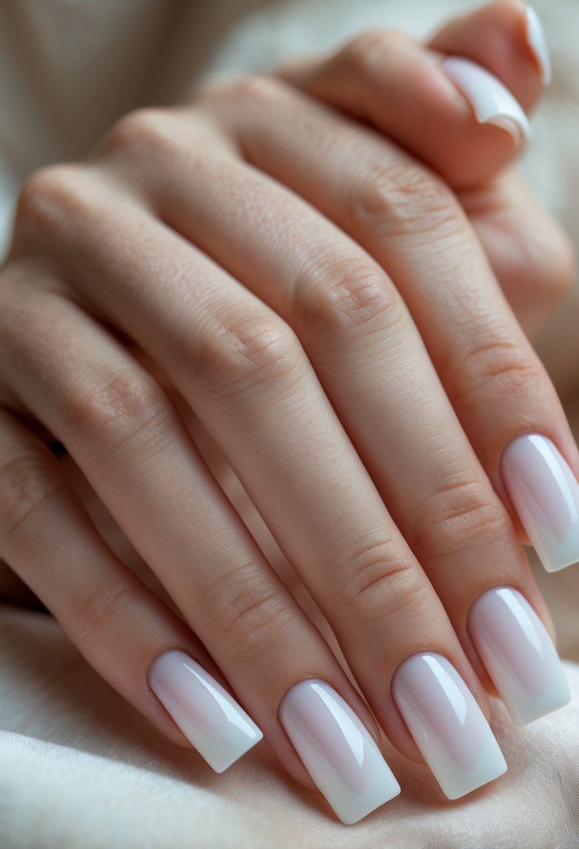 A close-up of a hand with 17 neatly manicured tapered square-shaped nails, showing clean and polished nails against a blurred neutral background.