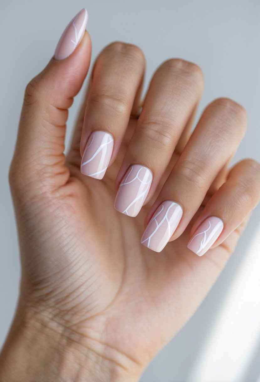 Close-up of a hand showing 17 square-shaped nails painted baby pink with white vein accents.