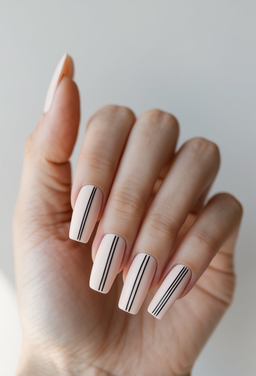 Close-up of a hand with 17 square-shaped nails featuring simple black line designs on a light background.