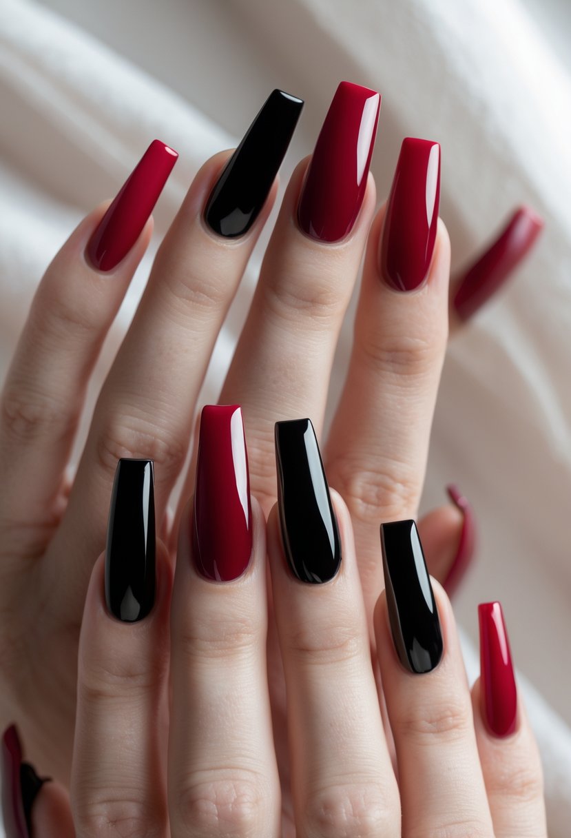 Close-up of both hands showing 17 long square-shaped nails with bold, colorful polish.
