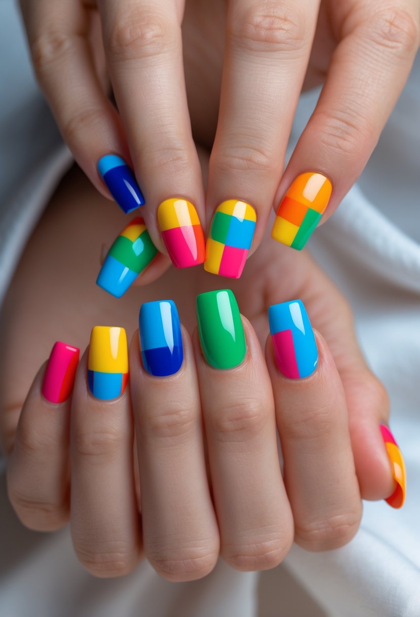 A hand with 17 square-shaped nails painted with bright, colorful blocks on the tips.