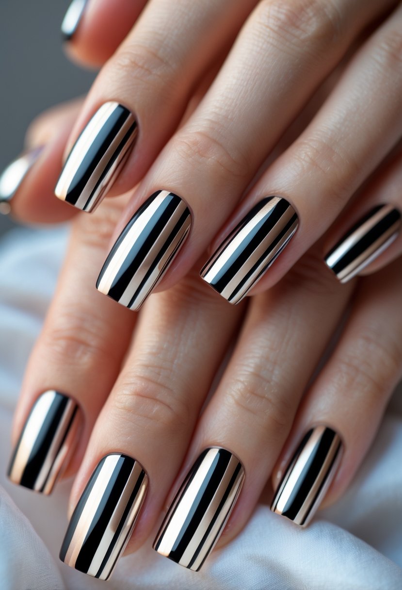 Close-up of a hand showing 17 square-shaped nails with glossy finish and metallic stripes.