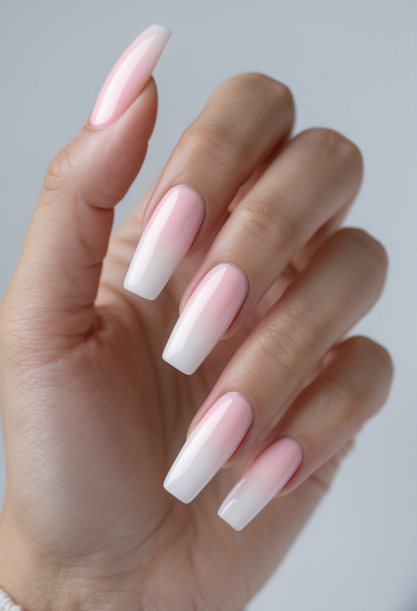 Close-up of a hand showing 17 square-shaped nails with a soft ombre gradient from pale pink to white.