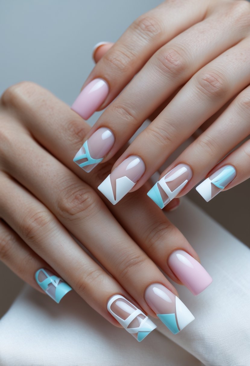 Close-up of two hands showing 17 square-shaped nails with minimalist negative space designs.
