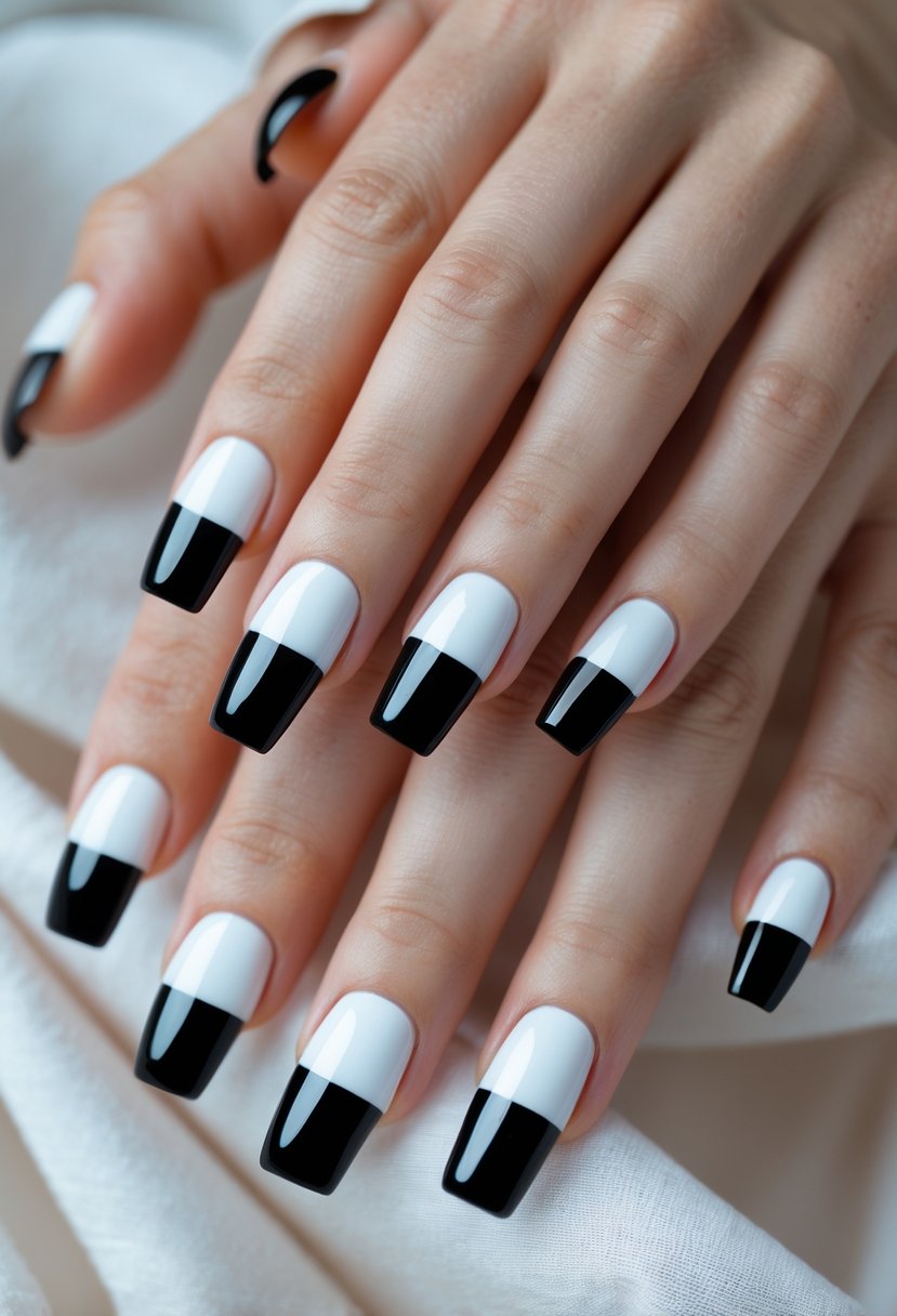 Close-up of hands with 17 square-shaped nails painted in black and white.