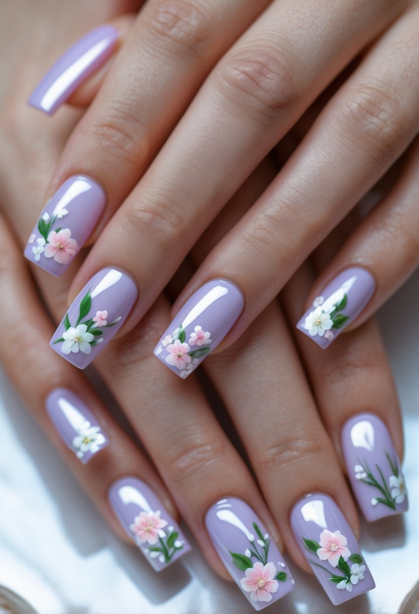 Close-up of hands with 17 square-shaped nails decorated with floral designs.