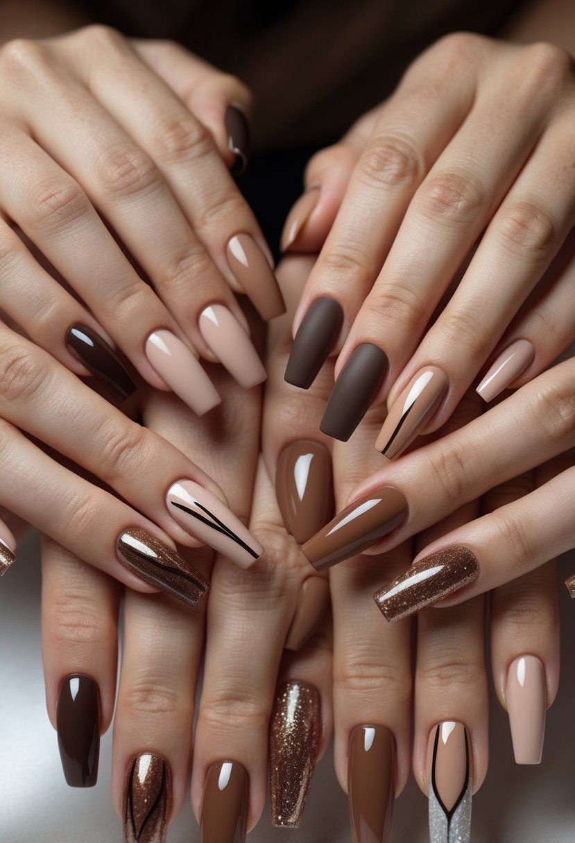 Multiple hands showing 23 different brown nail designs with various shades and patterns.