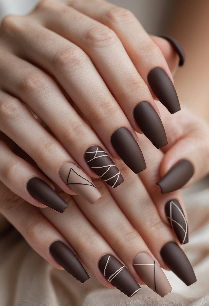 Close-up of two hands showing 23 different chocolate brown matte finish nail designs on well-manicured nails.
