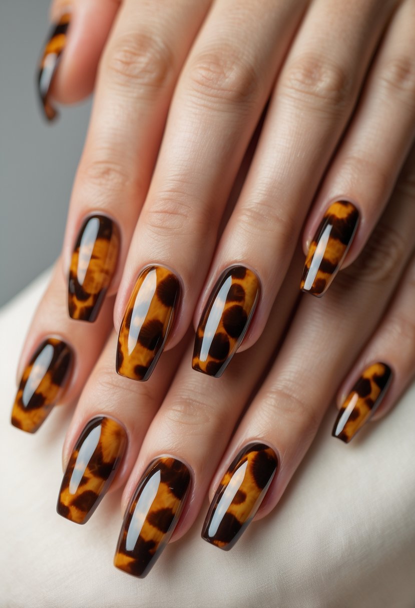 Close-up of hands with 23 fingernails painted in brown tortoise shell patterns.