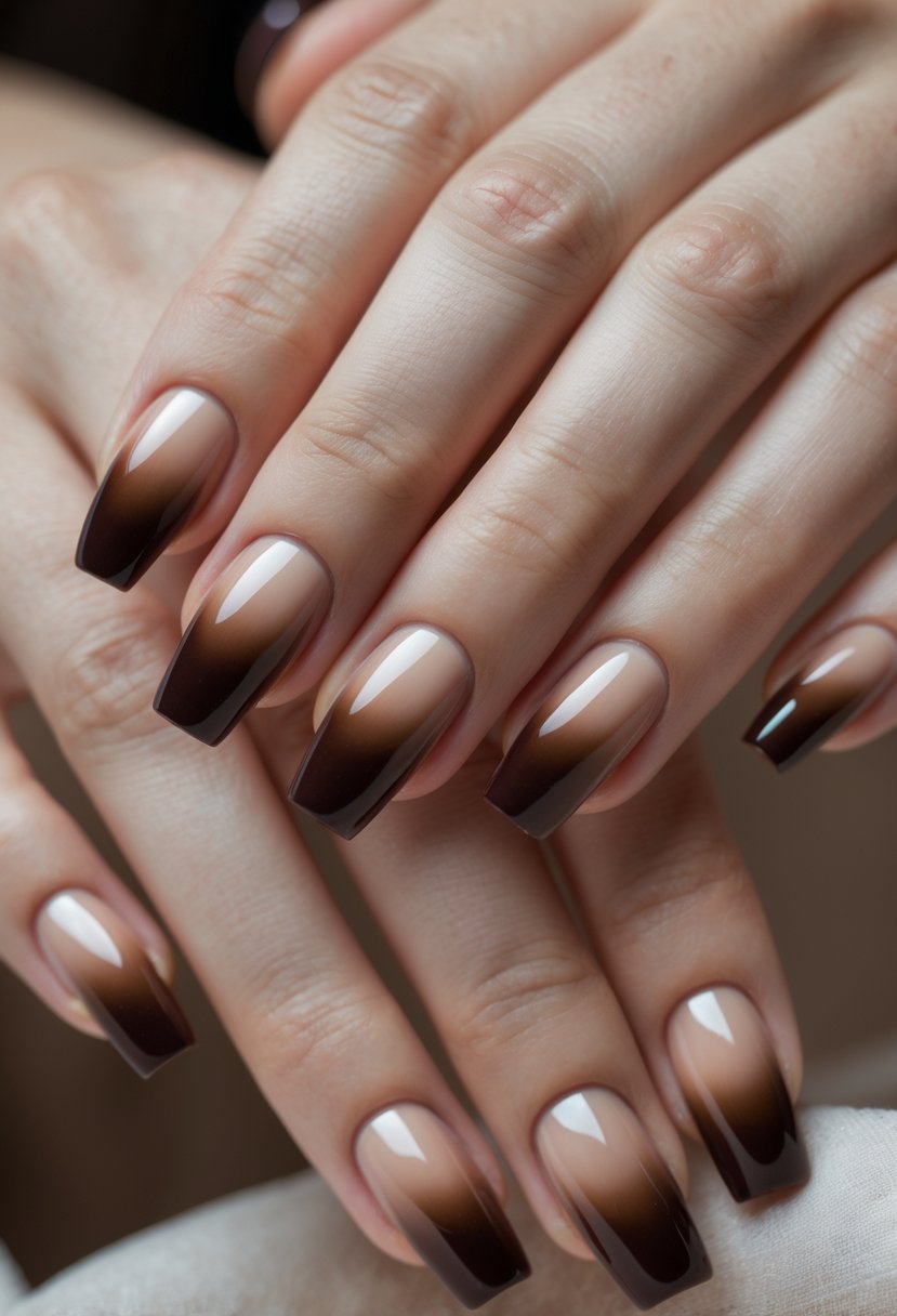 Close-up of hands with brown gradient polished nails against a neutral background.