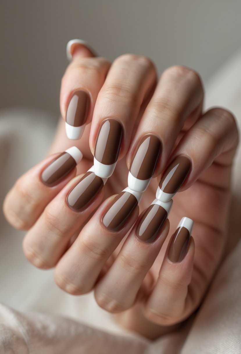 Close-up of hands with brown base French tip manicured nails against a neutral background.