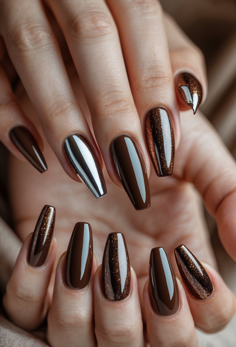 Close-up of a hand with 23 brown nails featuring various chrome brown designs and finishes.