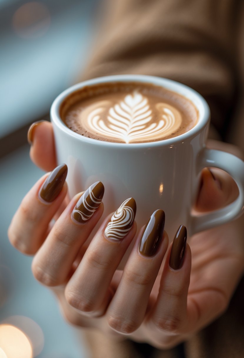 A hand with brown painted nails holding a cup of latte with latte art on the foam.