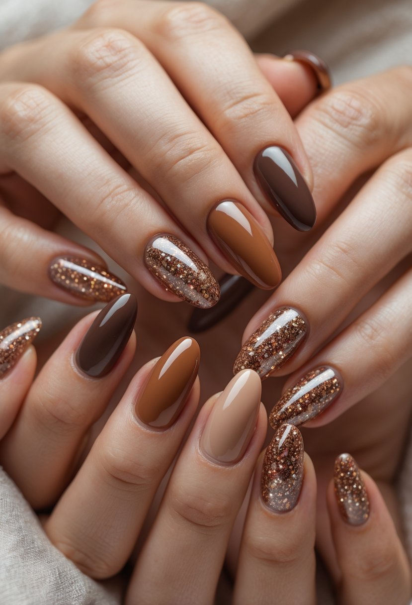 Close-up of hands with brown nails decorated with glitter accents.
