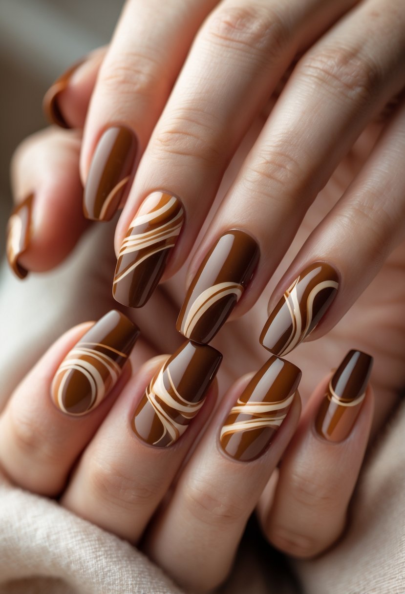 Close-up of hands with medium-length nails painted in warm caramel brown swirl designs.