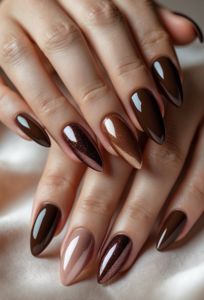 Close-up of hands with almond-shaped nails painted in different shades of brown.
