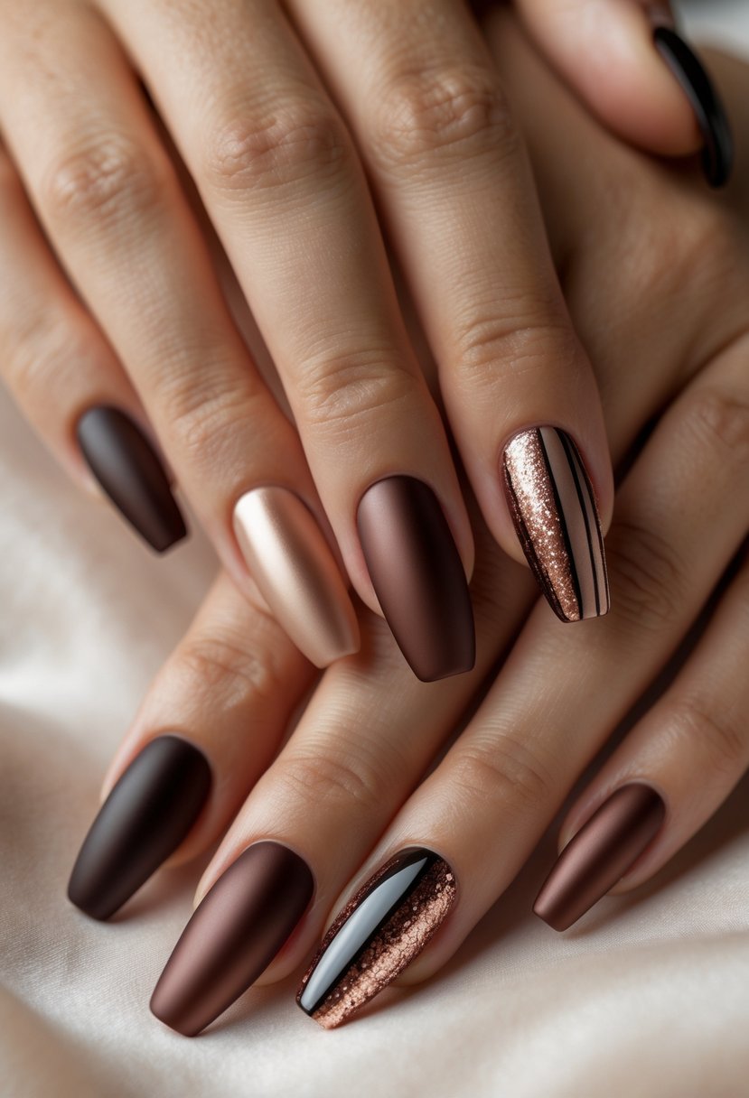Close-up of two hands with brown nails featuring a mix of matte and glossy finishes in different designs.