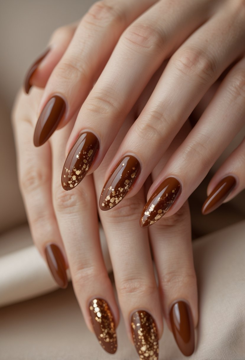 Close-up of hands with rust brown nails featuring gold flecks on each nail.