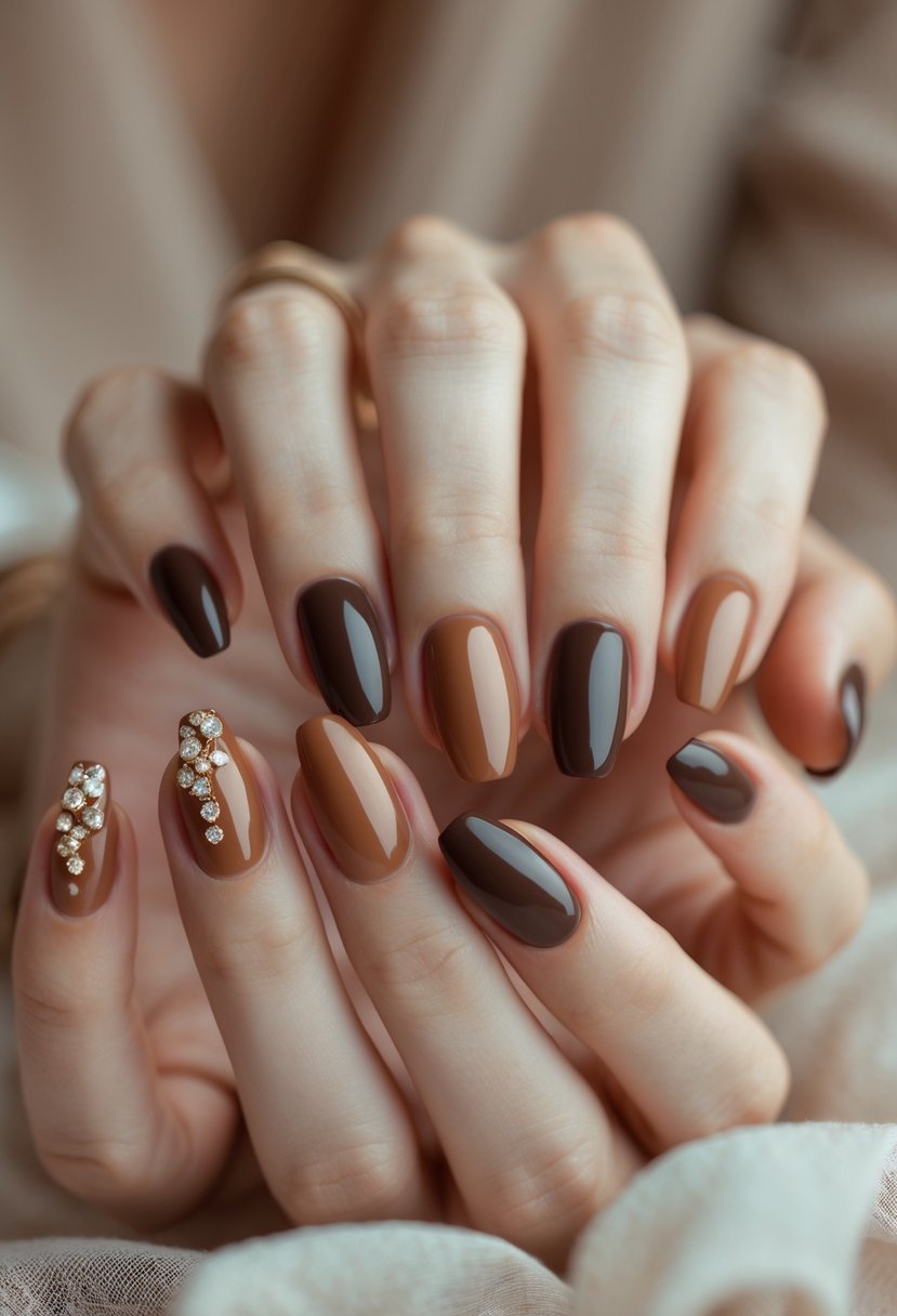 Close-up of hands with medium-length brown nails adorned with small rhinestones.
