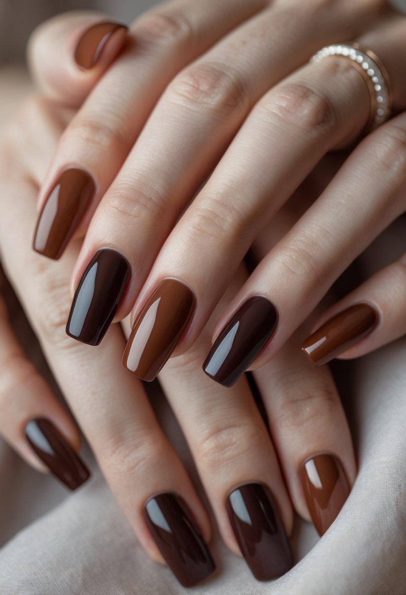 Close-up of hands with nails painted in a gradient of deep chestnut and brown shades.