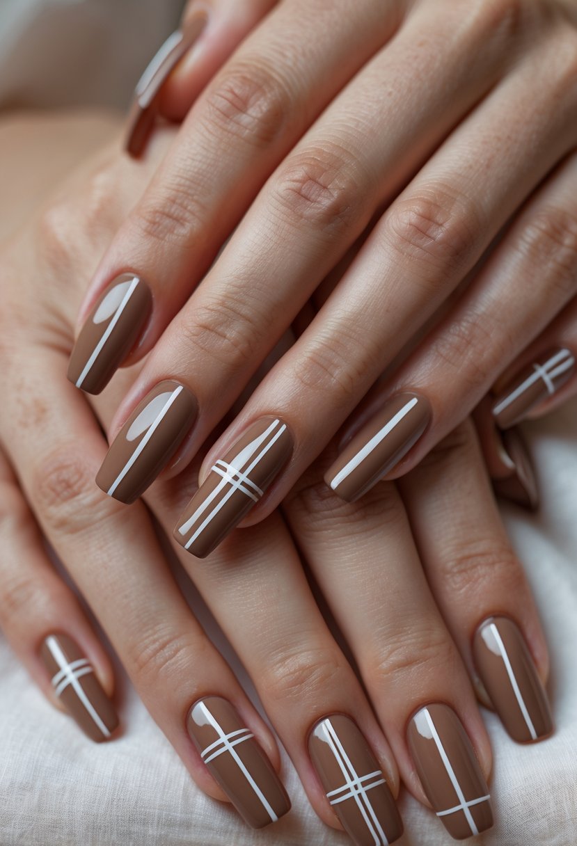 Close-up of hands with brown nails decorated with white line designs.