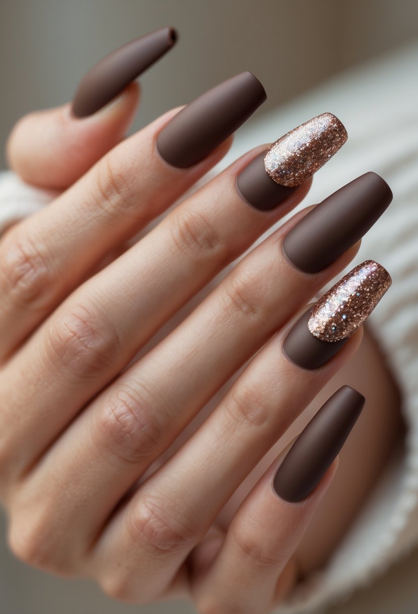 Close-up of a hand with brown nails featuring glittery tips.