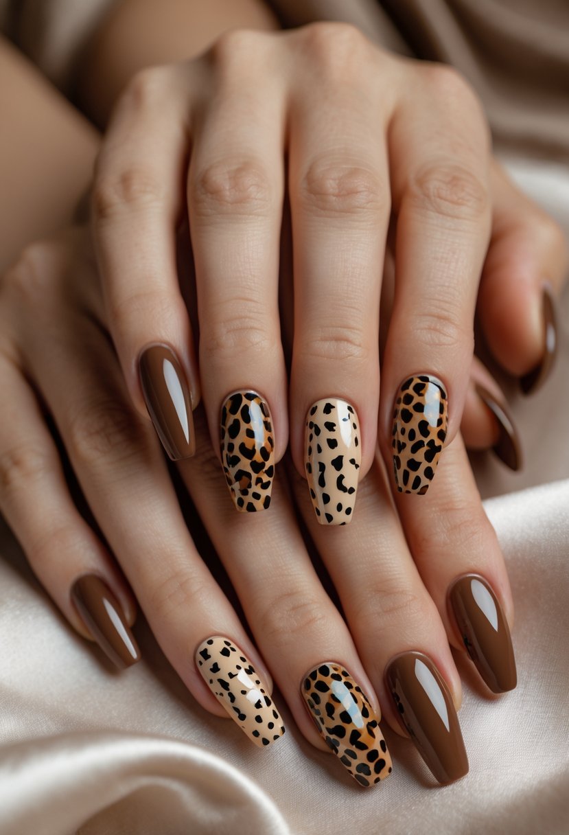 Close-up of hands with brown animal print accent nails showing various leopard and cheetah patterns.
