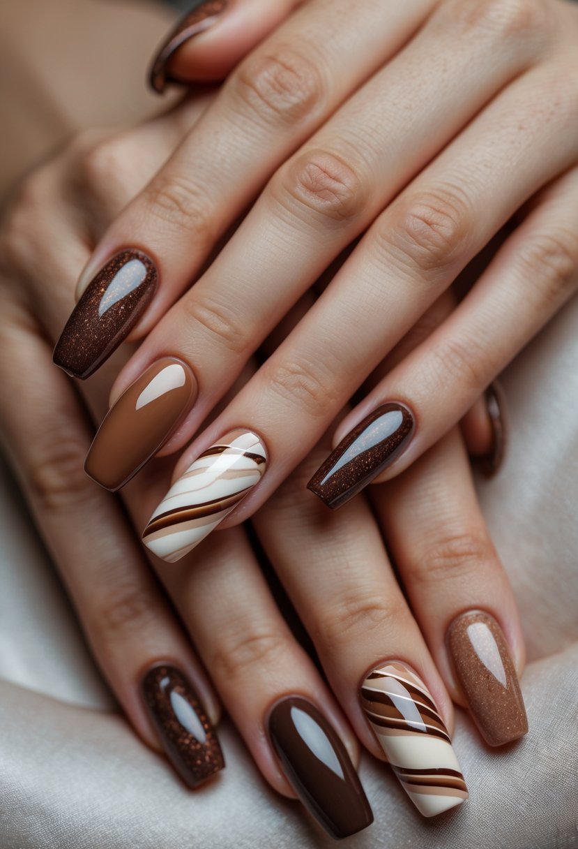 Close-up of hands showing 23 different brown nail designs with creamy cocoa layering effects.