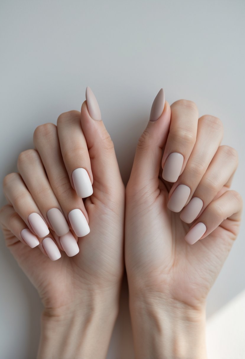 Close-up of hands showing 21 simple matte finish nails in neutral colors against a plain background.