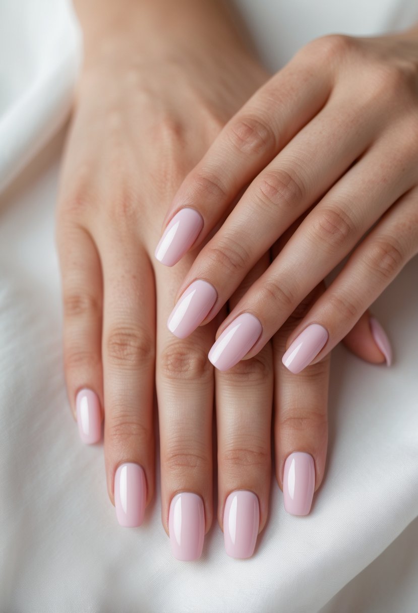 Close-up of two hands with 21 soft pink painted nails against a neutral background.