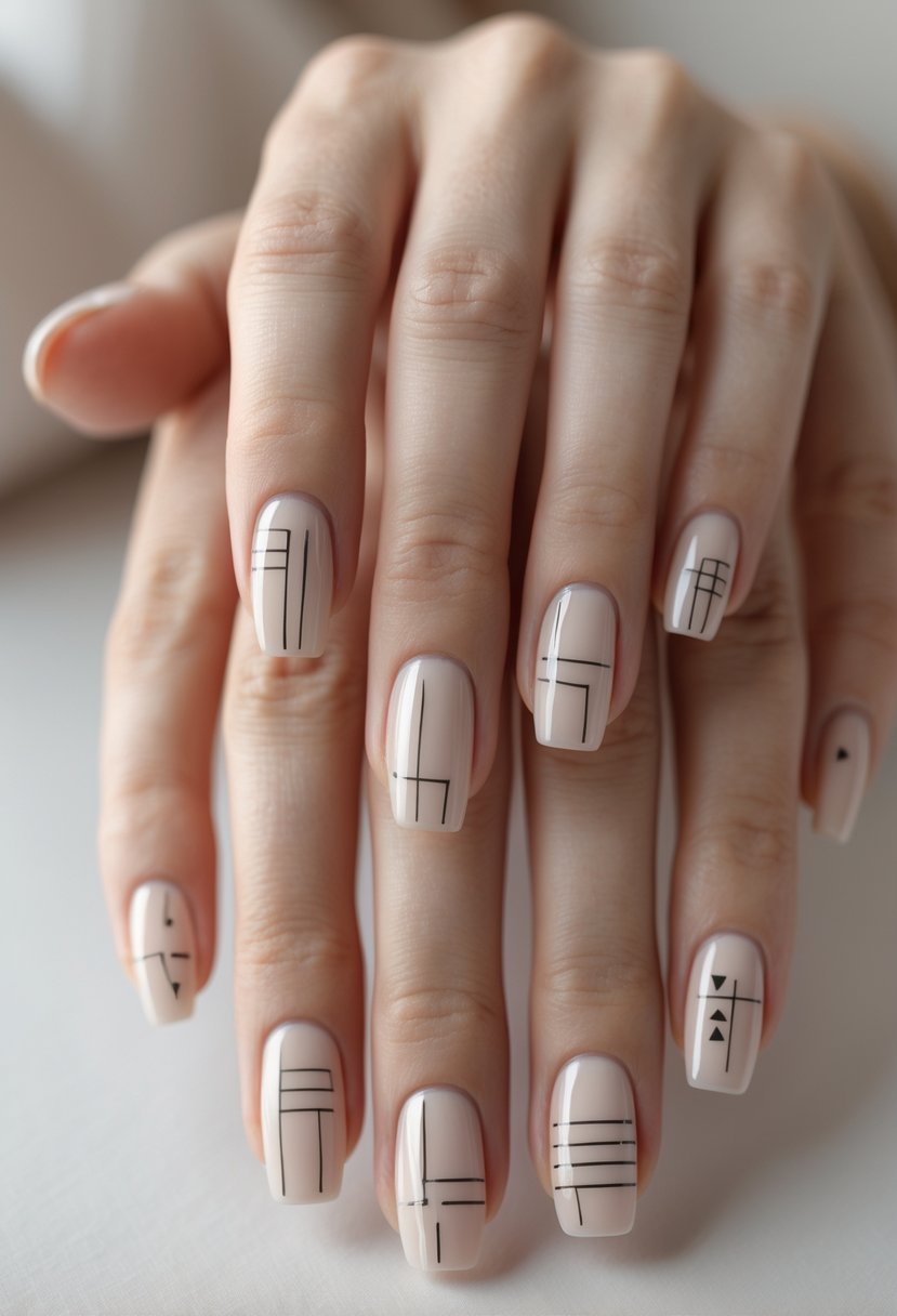 Close-up of hands showing 21 nails with tiny geometric patterns in soft colors.