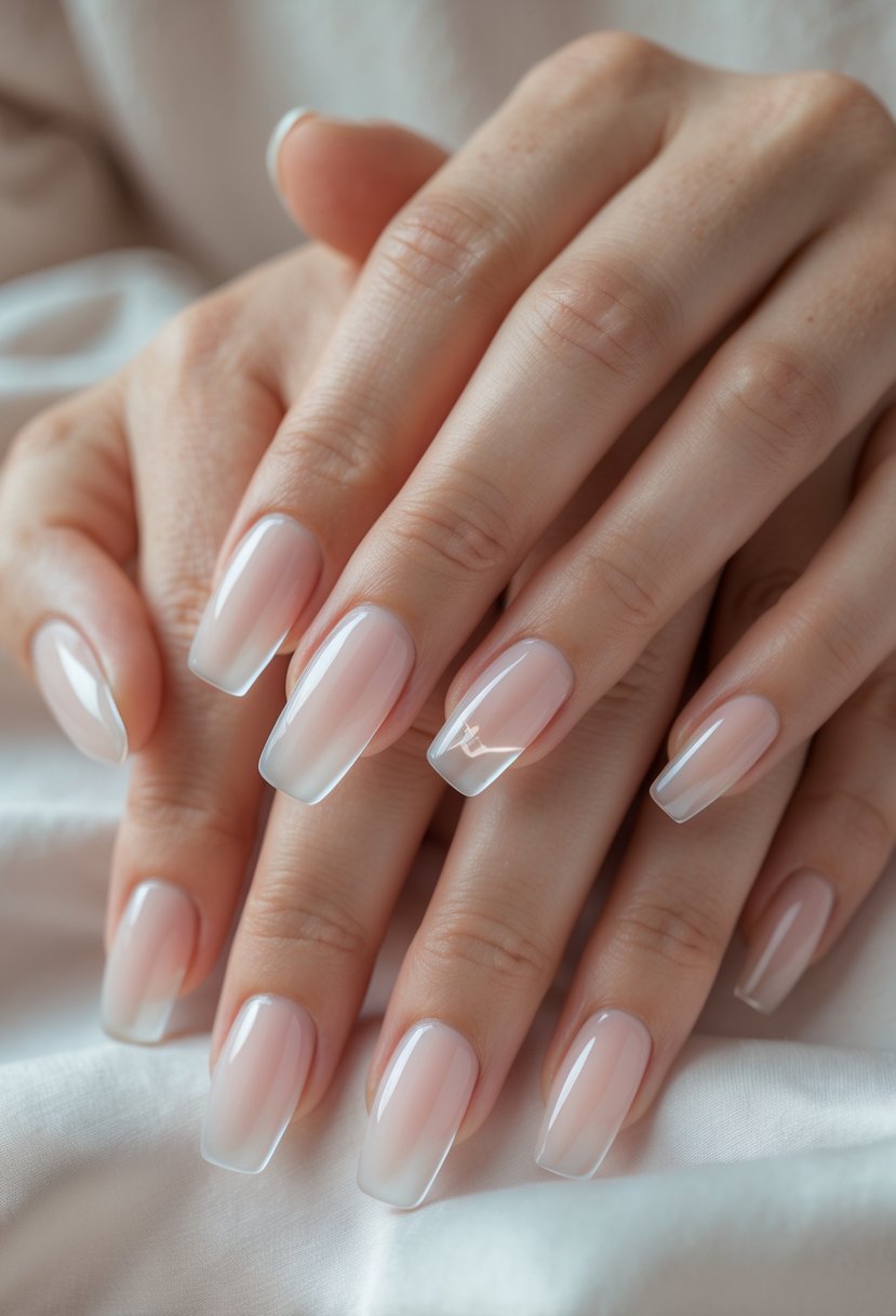 Close-up of hands showing 21 clear glossy nails with one nail featuring a subtle accent design.