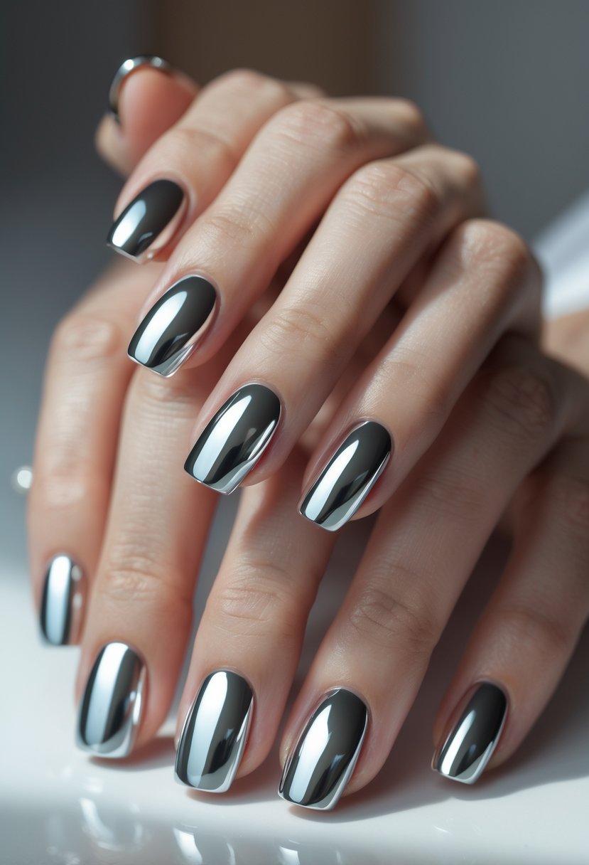 Close-up of two hands with short nails coated in shiny chrome polish.