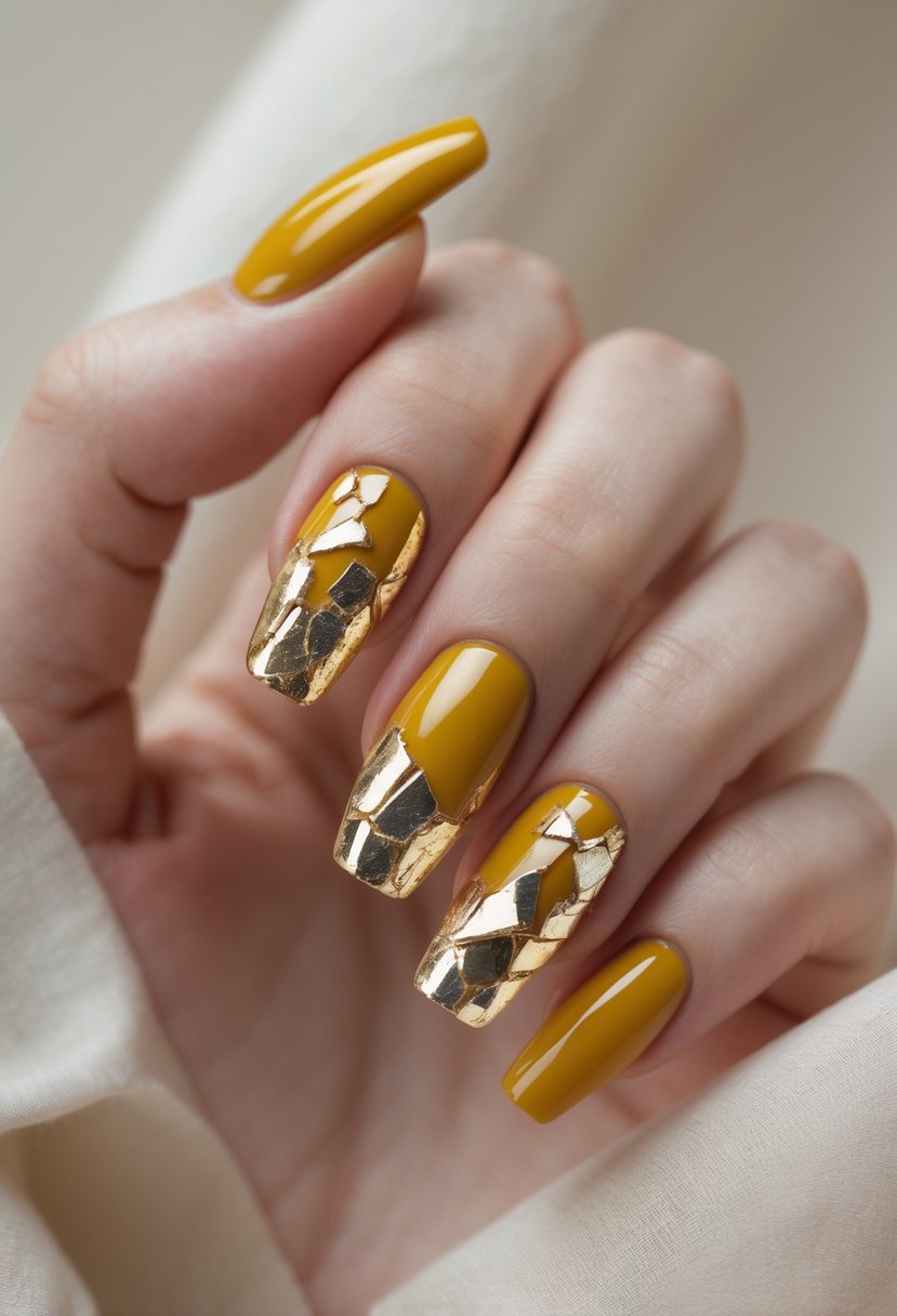 Close-up of a hand with mustard yellow nails featuring shiny broken-glass foil accents.