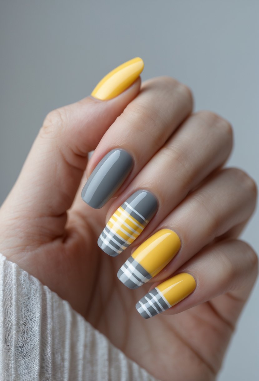 Close-up of a hand with neatly manicured nails painted in gray and yellow with various design patterns.