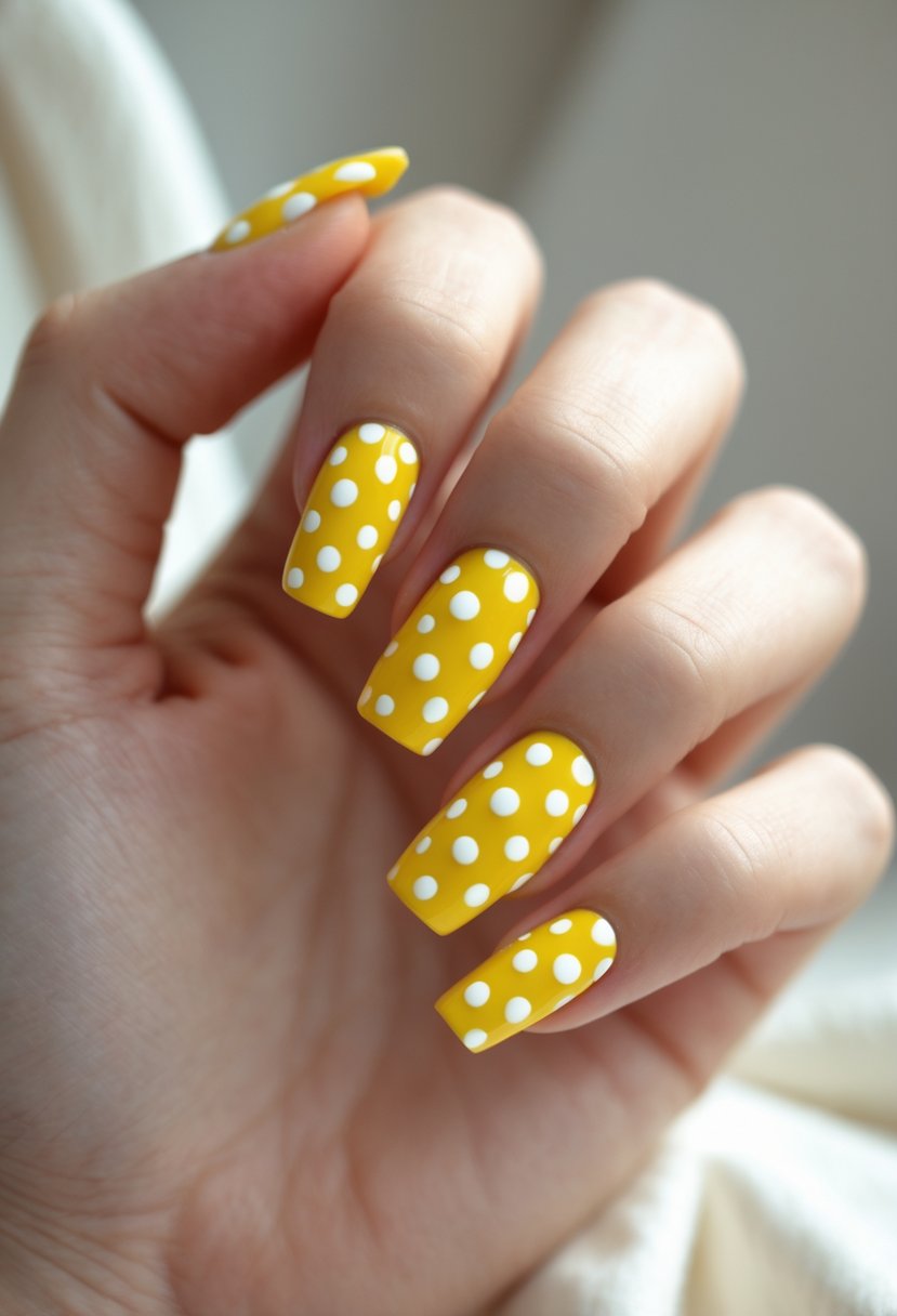 Close-up of a hand with square nails painted yellow with white polka dots.