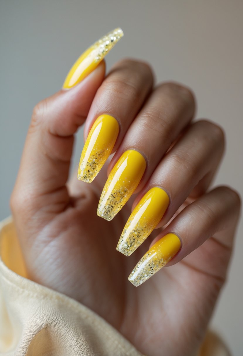 Close-up of a hand with long nails painted in a yellow glitter gradient design.