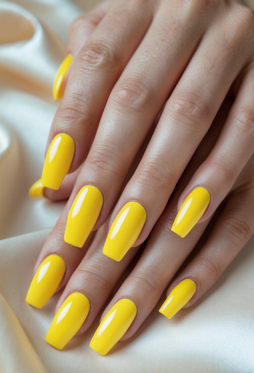 Close-up of hands with bright yellow coffin-shaped nails.
