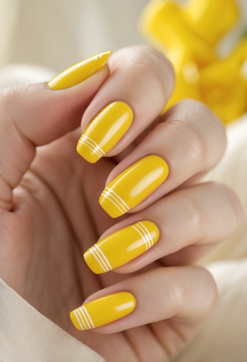 Close-up of a hand with yellow nails decorated with fine white stripes.