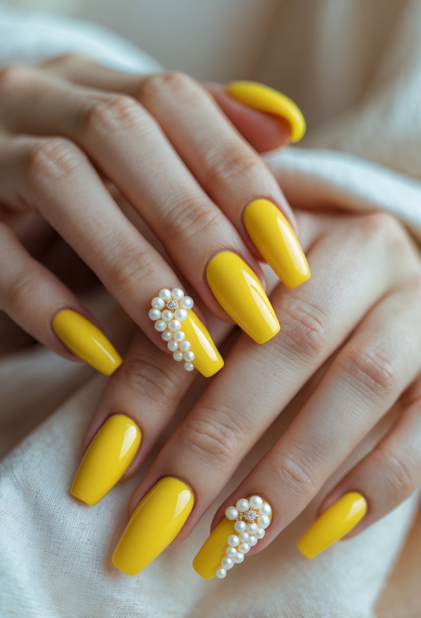 Close-up of hands with yellow polished nails decorated with small white pearls.