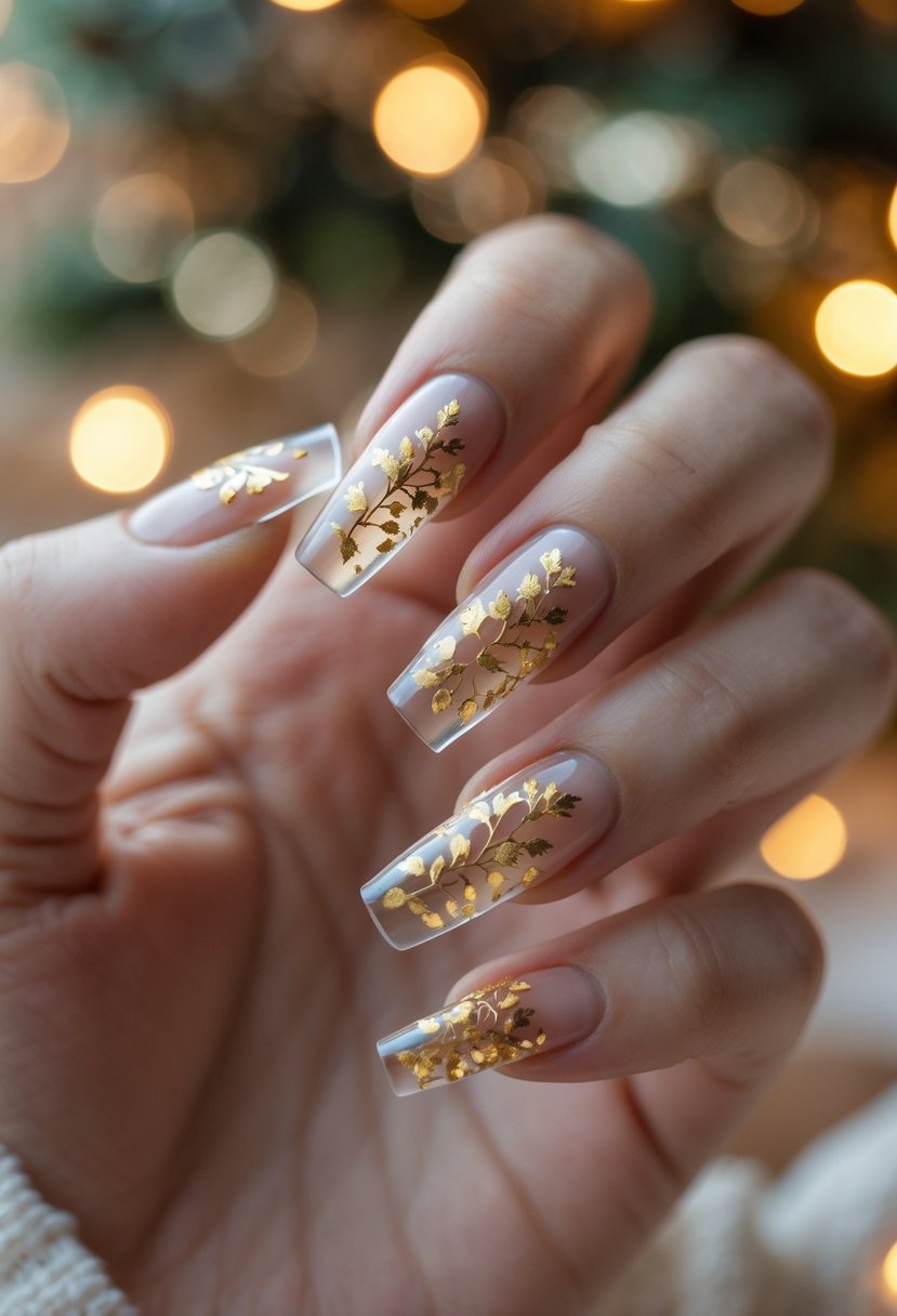 Close-up of a hand showing clear nails with gold foil details against a warm festive background.