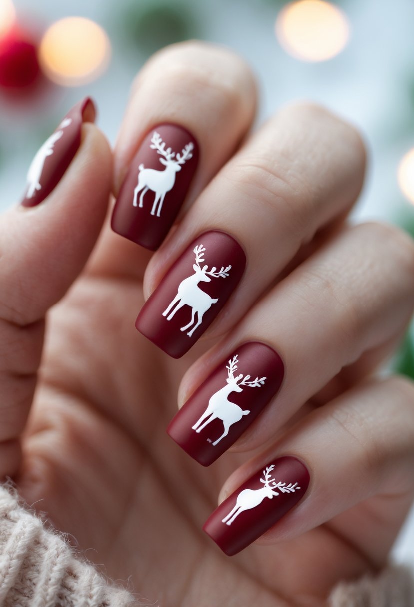 Close-up of a hand with red nails featuring glossy reindeer silhouettes.