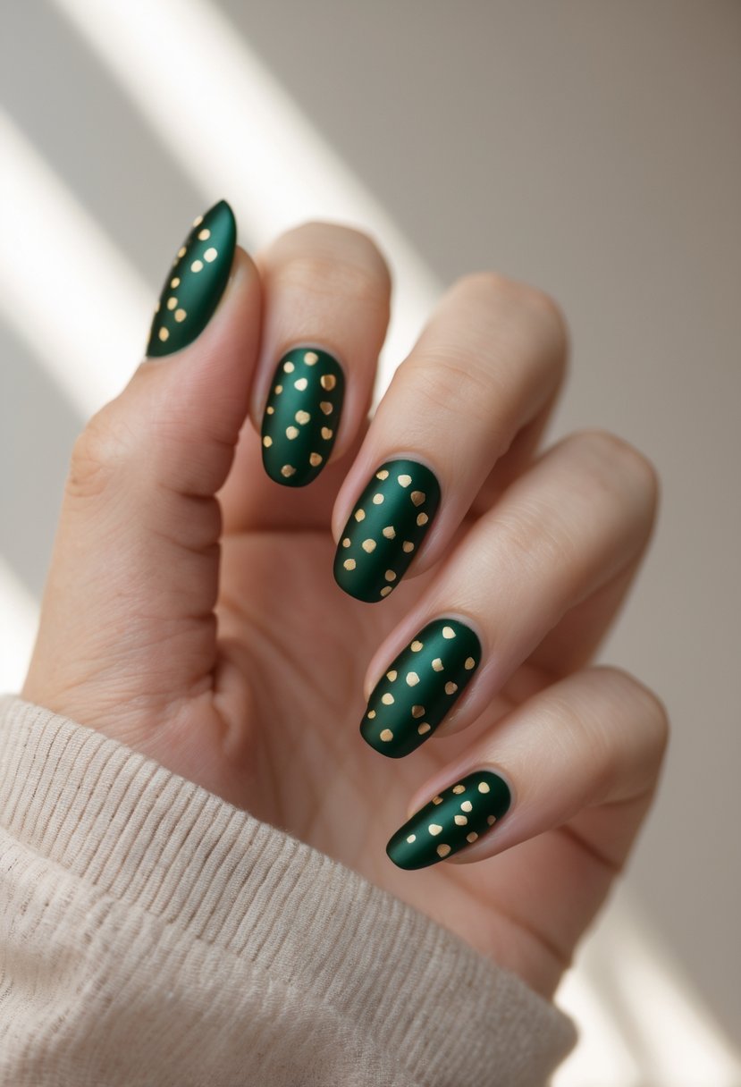 A close-up of a hand with dark green nails decorated with small gold dots.
