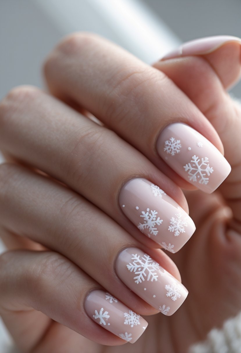 Close-up of a hand with pale pink nails decorated with white snowflakes.