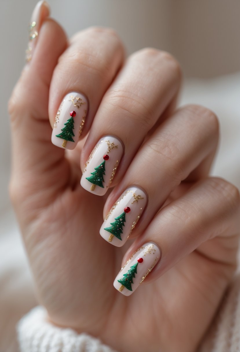 A hand with neatly manicured nails painted in a neutral color and decorated with small Christmas tree designs.