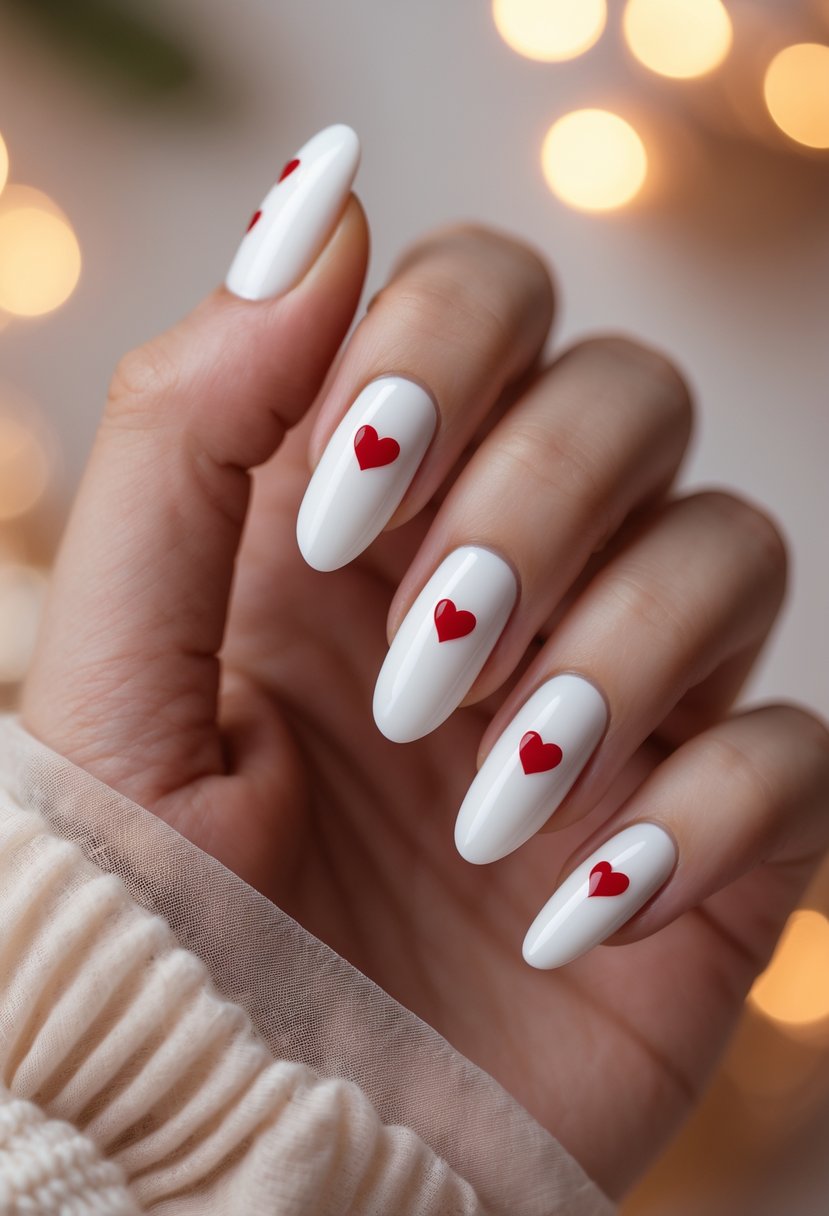 Close-up of a hand with glossy white nails decorated with small red hearts.