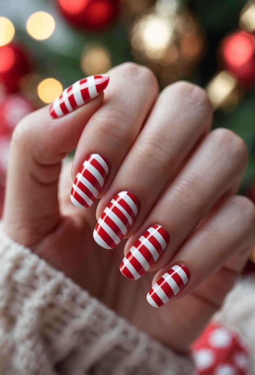 Close-up of a hand with red and white candy cane striped nails against a warm, festive background.