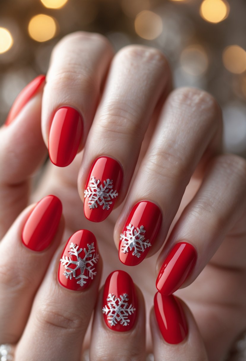 Close-up of hands with red nails decorated with silver snowflake designs.
